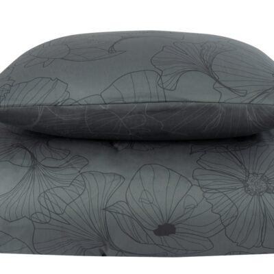 Sengetøj 150x210 cm - Bomuldssatin - Big Flower grey - Vendbart blomster print