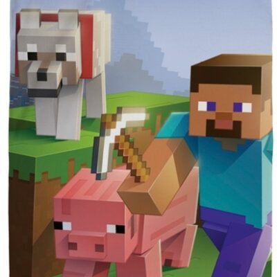 Minecraft håndklæde - 70x140 cm - 100% bomuld - Blødt badehåndklæde med Steve, Minecraft ulv og gris