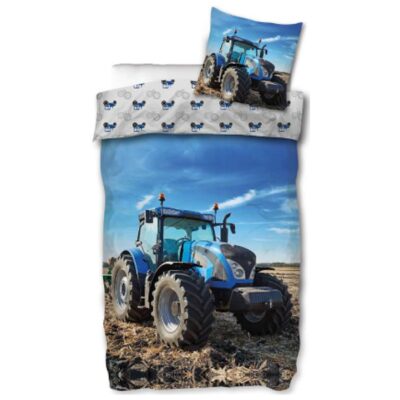Traktor sengetøj - 100% bomuld - Børnesengetøj 140x200 cm - Blå traktor - Traktor på bagsiden