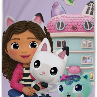 Gabby's Dollhouse håndklæde - 70x140 cm - 100% bomuld - Blødt badehåndklæde med Gabby, Pandy Paws, Catfish, Cakey Cat, Pillow Cat