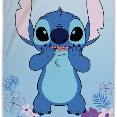 Stitch håndklæde - 70x140 cm - 100% bomuld - Blødt badehåndklæde med Stitch og blomster