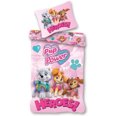 Paw Patrol sengetøj - 100% bomuld - Børnesengetøj 140x200 cm - Lyderødt - Pup Power Heroes