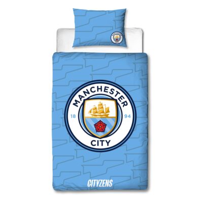 Manchester City sengetøj - 150x210 cm - Blåt vendbart sengesæt med logo - 100% bomulds sengelinned - Fodbold sengetøj