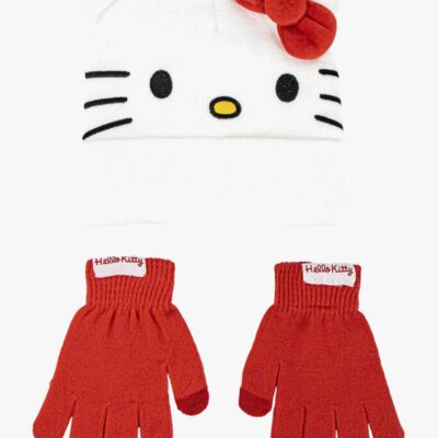 Hello Kitty Hue og Vanter, Rød/Hvid