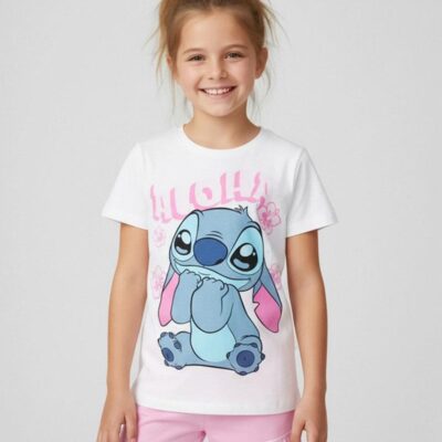 Disney Stitch T-shirt & Shorts Sæt, Hvid, 152-158