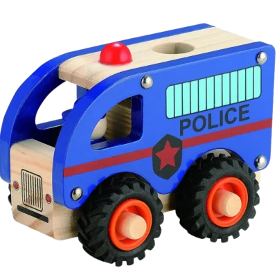 Politibus i træ med gummihjul