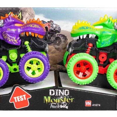 Dinosaur monstertrucks 16x19x13 cm - Sæt med to - Lilla og grøn