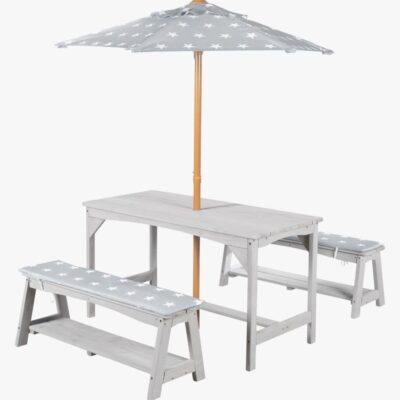 Roba Børn Picnicbord Set til 4 Deluxe med Parasol & Hynder, Grå