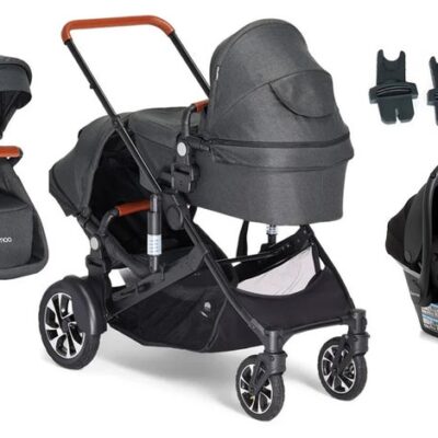 Beemoo Maxi 4 Twin Søskendevogn inkl. Ekstra Søskendesæde & Route i-Size Autostol Baby, Black/Black Stone