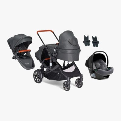 Beemoo Maxi 4 Twin Søskendevogn inkl. Ekstra Søskendesæde & Route i-Size Autostol Baby, Black/Mineral Grey