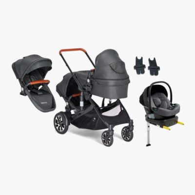 Beemoo Maxi 4 Twin Søskendevogn inkl. Ekstra Søskendesæde & Route i-Size Autostol Baby & ISOFIX Base, Black/Mineral Grey