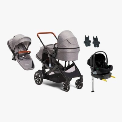 Beemoo Maxi 4 Twin Søskendevogn inkl. Ekstra Søskendesæde & Route i-Size Autostol Baby & ISOFIX Base, Grey/Black Stone