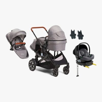 Beemoo Maxi 4 Twin Søskendevogn inkl. Ekstra Søskendesæde & Route i-Size Autostol Baby & ISOFIX Base, Grey/Mineral Grey