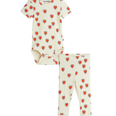 Mini Rodini Sæt - Leggings/Body k/æ - Rib - Offwhite m. Hjerter