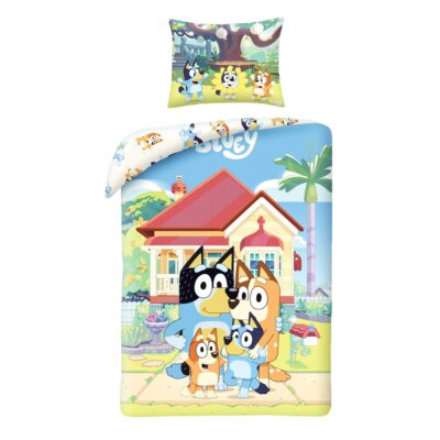 Bluey sengetøj - 100% bomuld - Børnesengetøj 140x200 cm - Bluey og familien - Hvid bagside