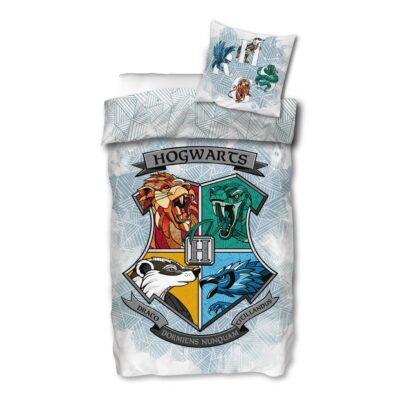 Harry Potter sengetøj - 100% bomuld - Børnesengetøj 140x200 cm - Hogwarts våbenskjold - Hvid og blå