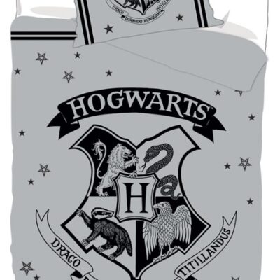Harry Potter sengetøj - 100% bomuld - Børnesengetøj 140x200 cm - Hogwarts våbenskjold - Grå