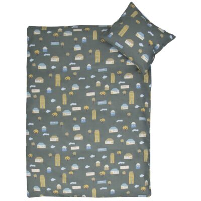 Huse sengetøj - 100% bomuld - Junior sengetøj 115x135 cm - Grønt med huse