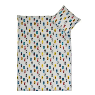 Racerbil sengetøj - 100% bomuld - Junior sengetøj 115x135 cm - Hvidt med racerbiler