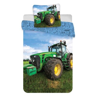 Traktor sengetøj - 100% bomuld - Børnesengetøj 140x200 cm - Grøn traktor - Ikoner på bagsiden