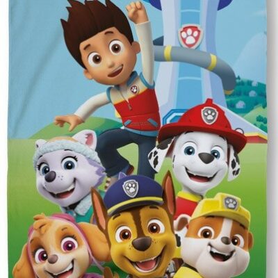 Paw Patrol håndklæde - 70x140 cm - 100% Bomuld - Blødt badehåndklæde med Paw Patrol udkigstårn og teamet