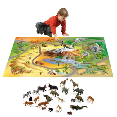 Legetæppe med wildlife-tema og 20 vilde dyr - 100x150 cm.