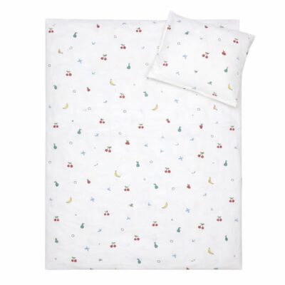 Frugt sengetøj - 100% bomuld - Babysengetøj 70x100 cm - Råhvidt med små frugter