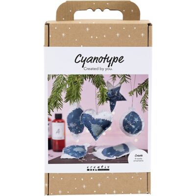 Kreativt sæt - cyanotypi - julepynt - blå - sølv