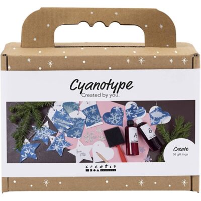 Mini kreativt sæt - cyanotypi - gavemærker - blå - sølv