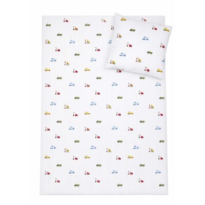Stribet arbejdsmaskine sengetøj - 100% bomuld - Babysengetøj 70x100 cm - Hvid med blå striber og arbejdsmaskiner