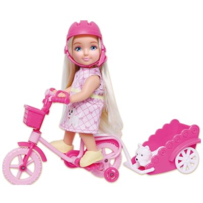 Kiki dukke med pink cykel og anhænger - 11 cm
