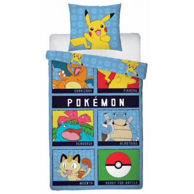 Pokémon sengetøj - 100% bomuld - Børnesengetøj 140x200 cm - Pikachu, Charizard, Venusaur, Blastoise og Meowth