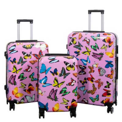 Kuffertsæt - 3 Stk. - Kuffert med motiv - Pink med sommerfugle print- Hardcase letvægt kuffert med 4 hjul