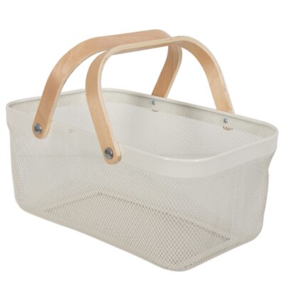 Trådkurv - Hvid trådkurv med træhanke - 40x25x18 cm - Trendy opbevaringsløsning til hjemmet