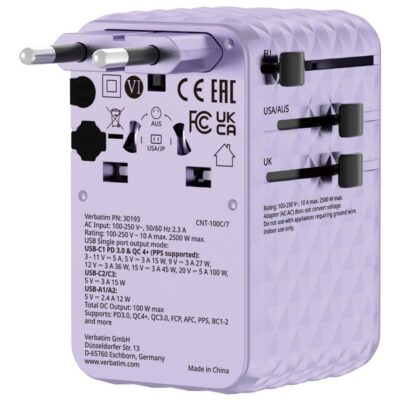 Verbatim - Charge 'n' Travel 100W Universal Travel Adapter with retractable cable Purple