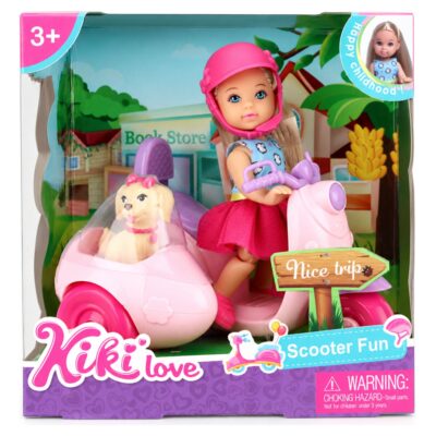 Kiki dukke med pink scooter og hund i sidevogn - 11 cm