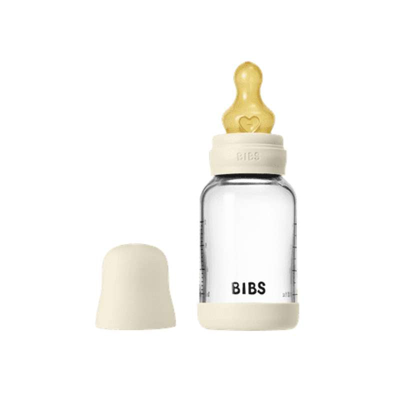 BIBS Bottle - Sutteflaskesæt - Glas - Naturgummi/Slow Flow/Rund - 120ml - Ivory