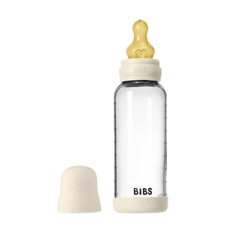 BIBS Bottle - Sutteflaskesæt - Glas - Naturgummi/Medium Flow/Rund - 240ml - Ivory