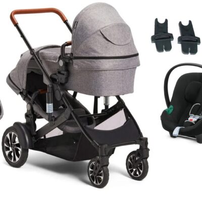 Beemoo Maxi 4 Twin Søskendevogn inkl. Ekstra Søskendesæde & Cybex Aton B2 i-Size Autostol Baby & Base, Grey/Volcano Black