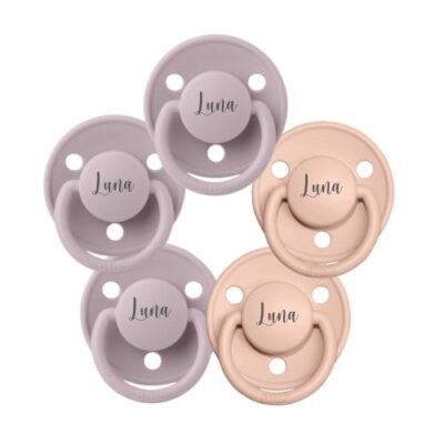 Bibs De Lux, Str. 1 (0-6 Mdr.) , Rund - Latex, Sutter Med Navn , 5-pak