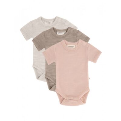 Body Med Kort Ærme Og Knaplukning Over Den Ene Skulder Til Baby, I 100% Økologisk Merino Uld, 3-pak Rose Melange 62