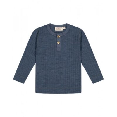Rib T-shirt Med Lange Ærmer Og Knapper Foran I 100% Merino Uld, Oeko-tex® 92 Blue Melange