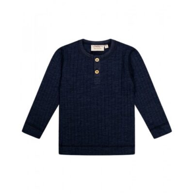 Rib T-shirt Med Lange Ærmer Og Knapper Foran I 100% Merino Uld, Oeko-tex® Navy Melange 86
