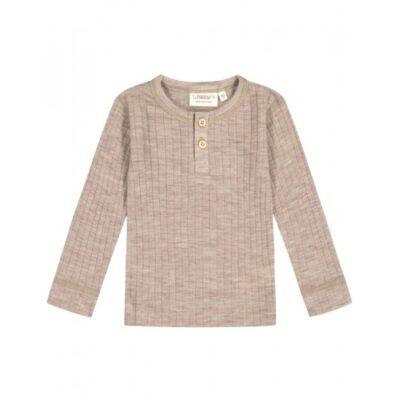 Rib T-shirt Med Lange Ærmer Og Knapper Foran I 100% Merino Uld, Oeko-tex® 98 Beige Melange