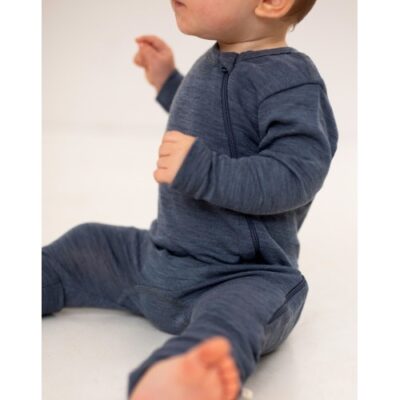 Heldragt I 100% Økologisk Merino Uld Med Lynlås I Siden Til Baby Navy Melange 86