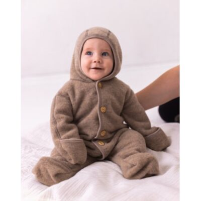 Heldragt Med Hætte Og Knapper I 100% Merino Uldfleece, Oeko-tex®, Beige Melange 74/80 Beige Melange