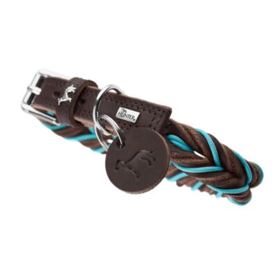 Hunter - Hundehalsbånd læder Solid Education Cord 60/M-L, brun/turkis