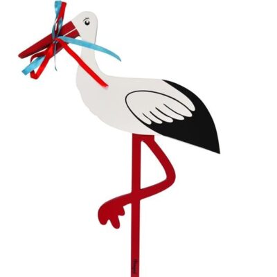 Magni - Fødselsstork i træ - Rødt og blåt bånd - Lille - 55 cm