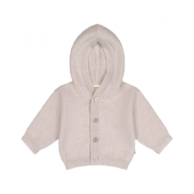 Strik Cardigan Med Hætte I 100% Merino Uld 74/80 Beige Melange