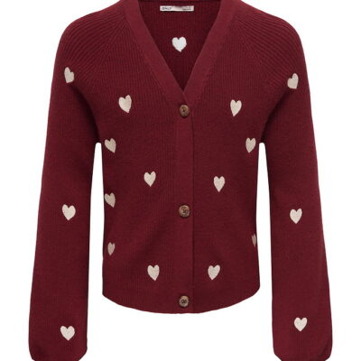 Kids Only Cardigan - KogDana - Vneck - Cabernet/EMB Tofu/Hearts